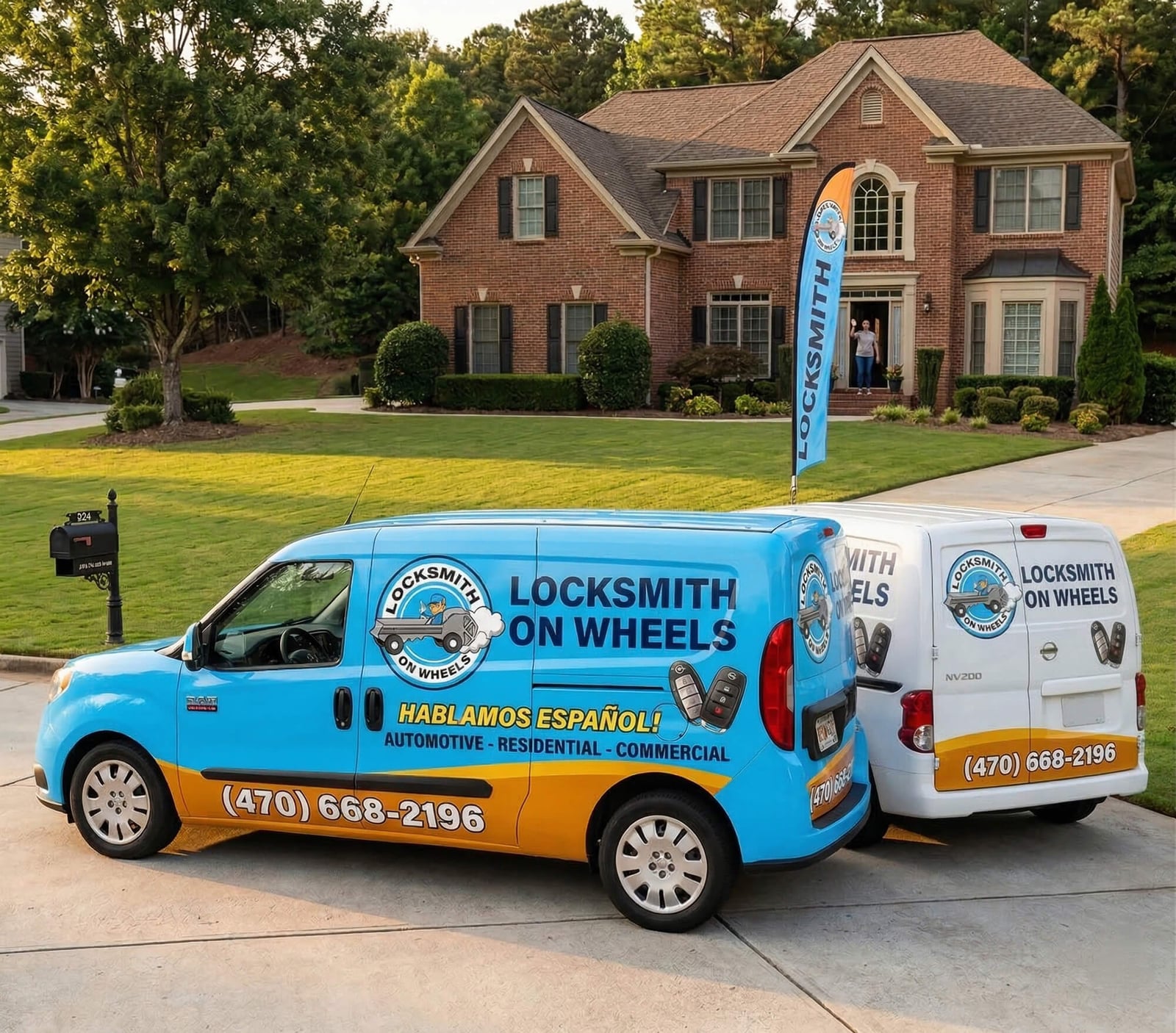 Locksmith on Wheels branded service van parked at Atlanta home for mobile locksmith service