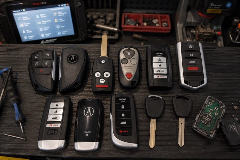 Acura smart keys, key fobs, car remotes, and transponder keys laid out on a Locksmith on Wheels workbench with key programming equipment
