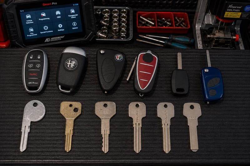 Alfa Romeo smart keys, flip keys, and transponder key blades laid out on a Locksmith on Wheels workbench with key programming equipment