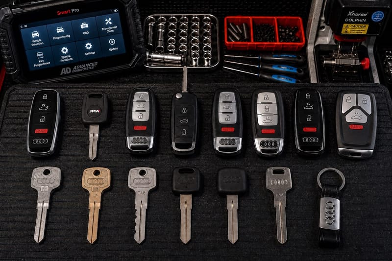 Audi smart keys, flip keys, and transponder key blades laid out on a Locksmith on Wheels workbench with key programming equipment