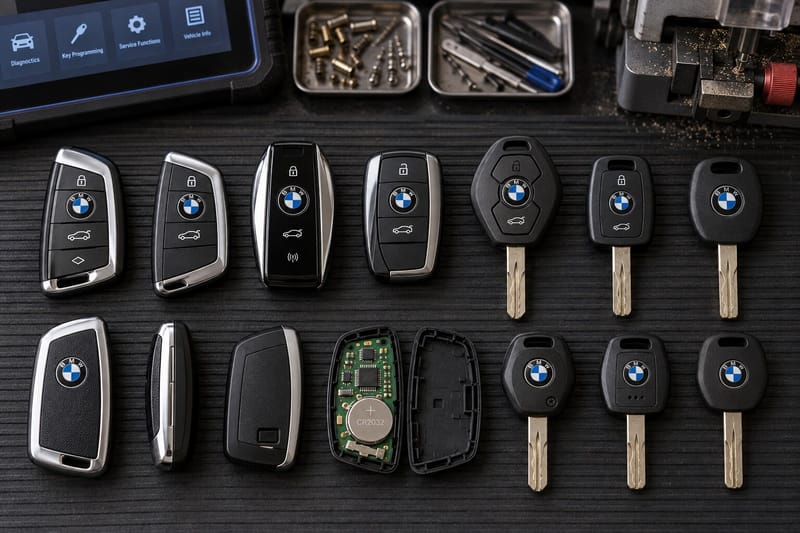 BMW Comfort Access proximity fobs, remote head keys, and transponder keys laid out on a Locksmith on Wheels workbench with key programming equipment