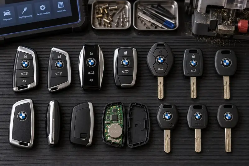BMW Comfort Access proximity fobs, remote head keys, and transponder keys laid out on a Locksmith on Wheels workbench with key programming equipment