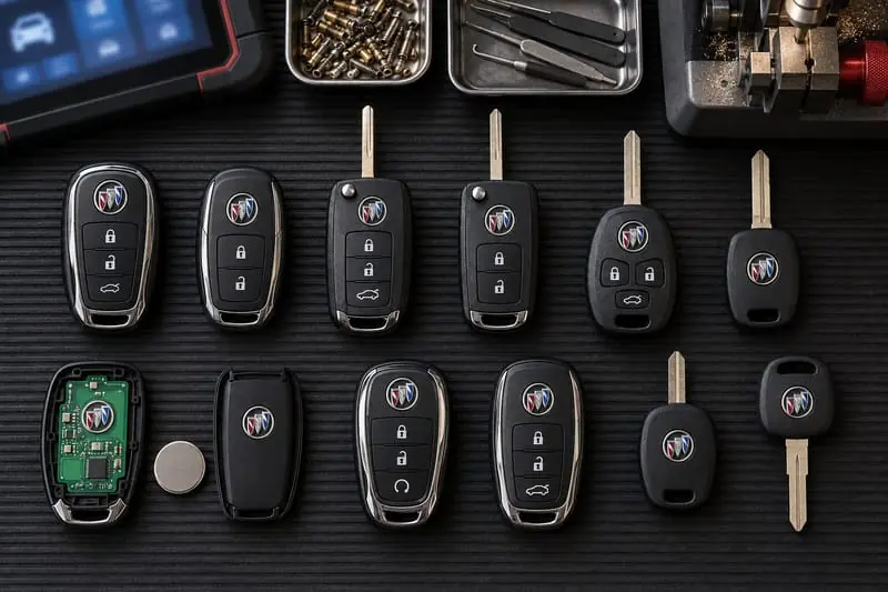 Buick proximity fobs, flip keys, and transponder keys laid out on a Locksmith on Wheels workbench with key programming equipment