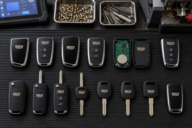 Cadillac proximity fobs, flip keys, and transponder keys laid out on a Locksmith on Wheels workbench with key programming equipment