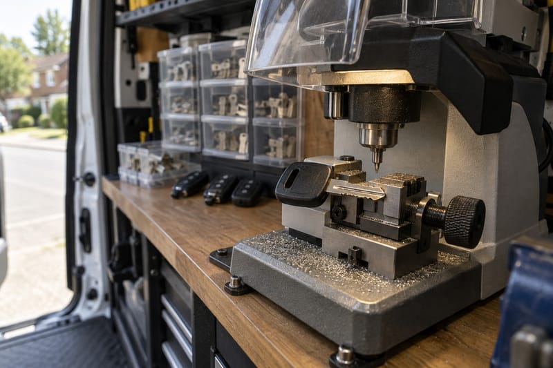 Electronic key cutting machine inside a locksmith service van with a freshly cut car key blade clamped in the vise
