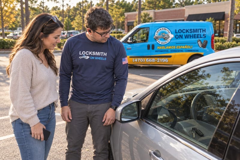 Locksmith on Wheels technician and a car owner looking through the window at keys locked inside a silver sedan in an Atlanta parking lot