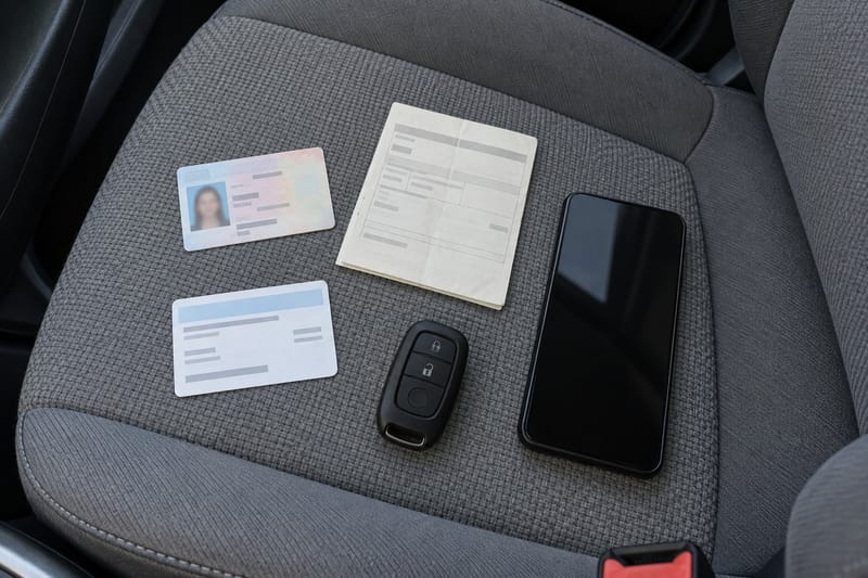 Driver's license, vehicle registration, insurance card, phone, and a remote key fob laid out on a car seat