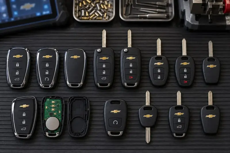 Chevrolet proximity fobs, flip keys, and transponder keys laid out on a Locksmith on Wheels workbench with key programming equipment