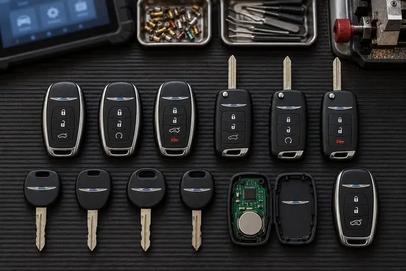 Chrysler proximity fobs, FOBIK keys, and Sentry Key transponder keys laid out on a Locksmith on Wheels workbench with key programming equipment