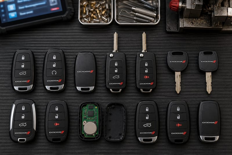 Dodge proximity fobs, FOBIK keys, and Sentry Key transponder keys laid out on a Locksmith on Wheels workbench with key programming equipment