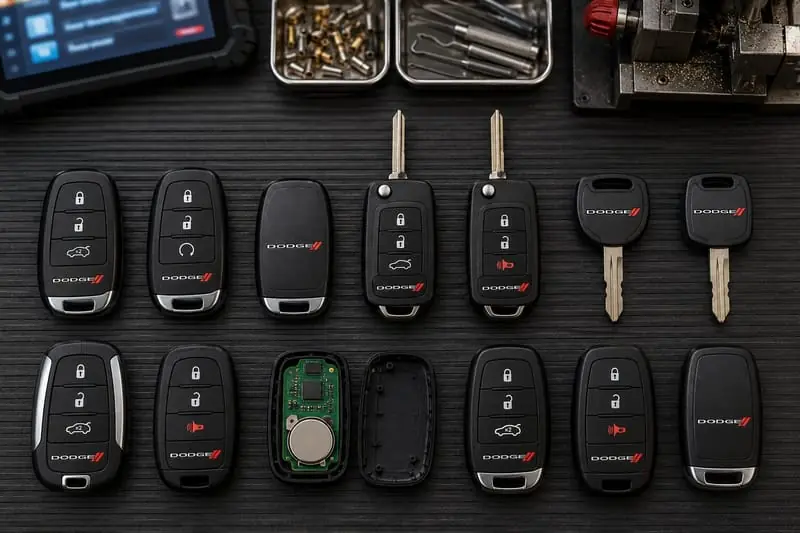 Dodge proximity fobs, FOBIK keys, and Sentry Key transponder keys laid out on a Locksmith on Wheels workbench with key programming equipment