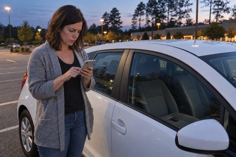 Driver locked out of her car at dusk, searching for a locksmith close by on her phone in an Atlanta parking lot