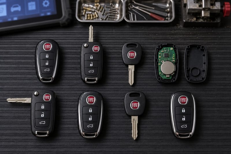 Fiat proximity fobs, flip keys, and transponder keys laid out on a Locksmith on Wheels workbench with key programming equipment