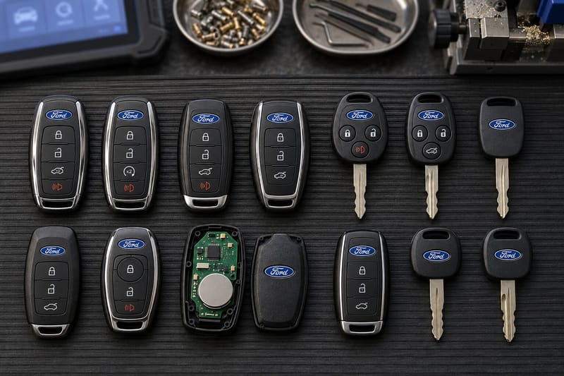 Ford Intelligent Access fobs, remote head keys, and PATS transponder keys laid out on a Locksmith on Wheels workbench with key programming equipment