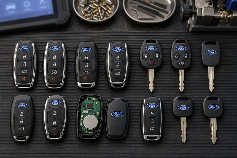 Ford Intelligent Access fobs, remote head keys, and PATS transponder keys laid out on a Locksmith on Wheels workbench with key programming equipment