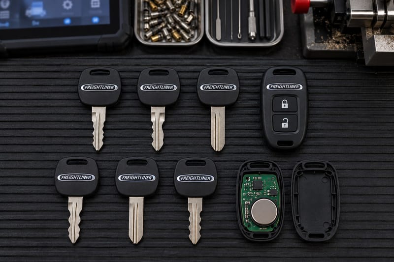 Freightliner truck ignition and door keys laid out on a Locksmith on Wheels workbench with key cutting equipment