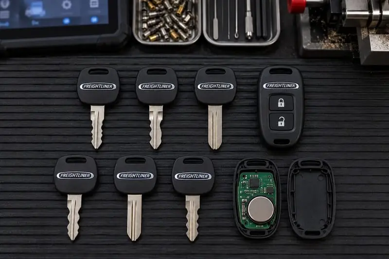 Freightliner truck ignition and door keys laid out on a Locksmith on Wheels workbench with key cutting equipment
