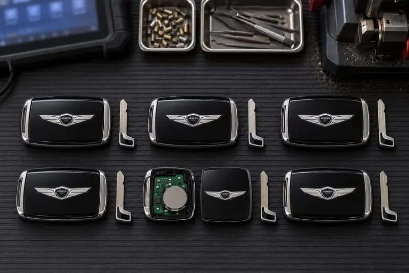 Genesis proximity smart keys and hidden emergency blades laid out on a Locksmith on Wheels workbench with key programming equipment