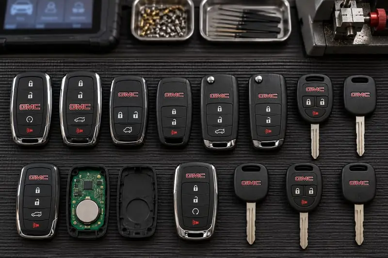 GMC proximity fobs, flip keys, and transponder keys laid out on a Locksmith on Wheels workbench with key programming equipment
