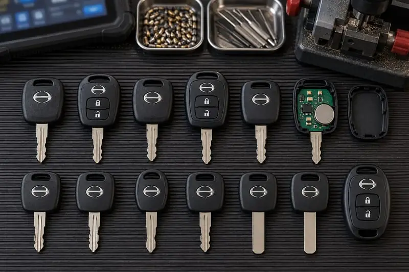 Hino truck transponder keys, remote head keys, and cut blades laid out on a Locksmith on Wheels workbench with key programming equipment