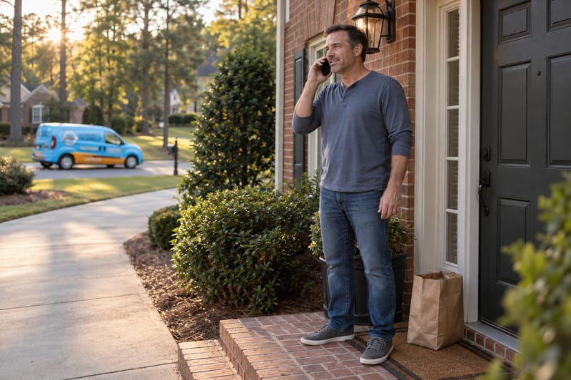 Homeowner on the phone with a locksmith while standing outside a locked front door in Atlanta
