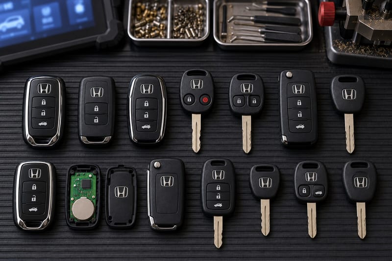 Honda smart keys, remote head keys, and transponder keys laid out on a Locksmith on Wheels workbench with key programming equipment