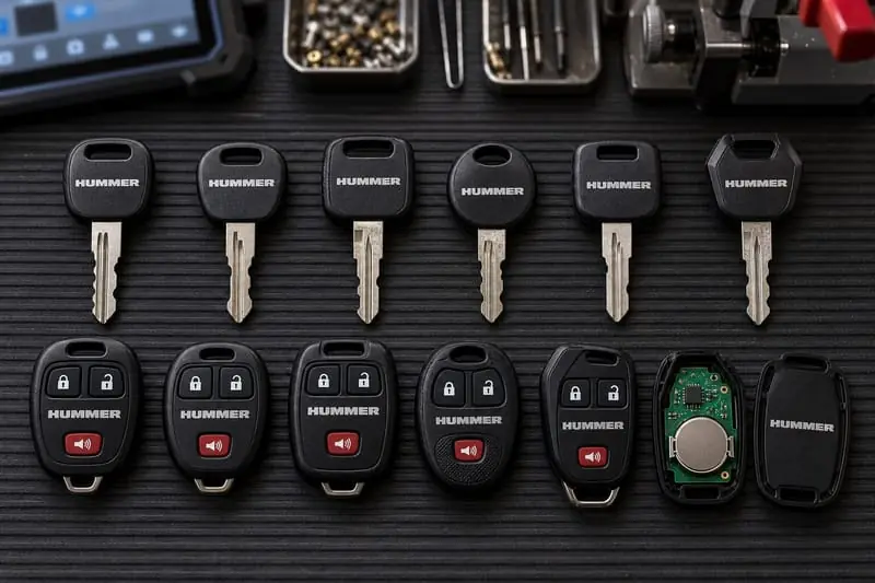 Hummer transponder keys and remote head keys laid out on a Locksmith on Wheels workbench with key programming equipment