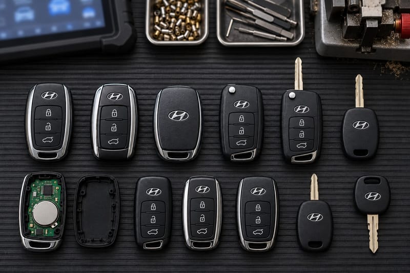 Hyundai smart keys, flip keys, and transponder keys laid out on a Locksmith on Wheels workbench with key programming equipment