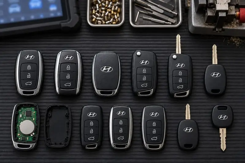 Hyundai smart keys, flip keys, and transponder keys laid out on a Locksmith on Wheels workbench with key programming equipment