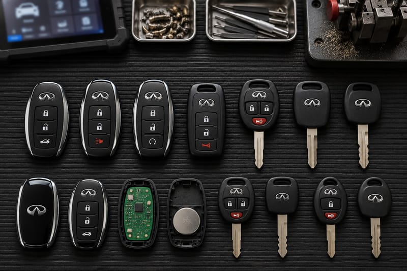 Infiniti Intelligent Key fobs, remote head keys, and transponder keys laid out on a Locksmith on Wheels workbench with key programming equipment