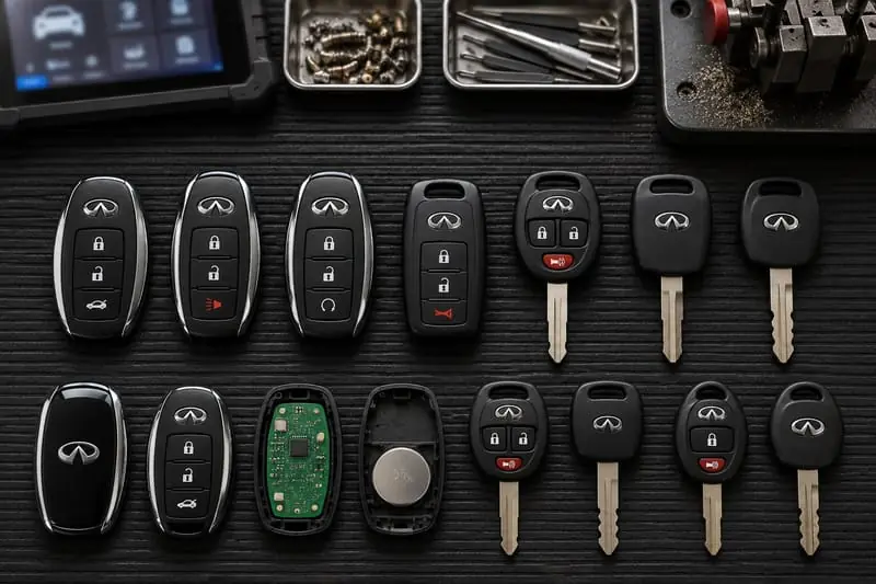 Infiniti Intelligent Key fobs, remote head keys, and transponder keys laid out on a Locksmith on Wheels workbench with key programming equipment