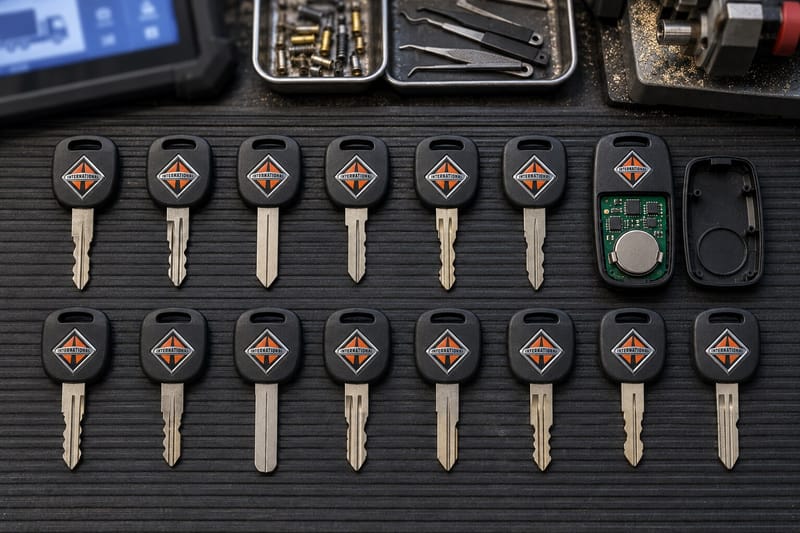 International truck ignition and door keys laid out on a Locksmith on Wheels workbench with key cutting equipment