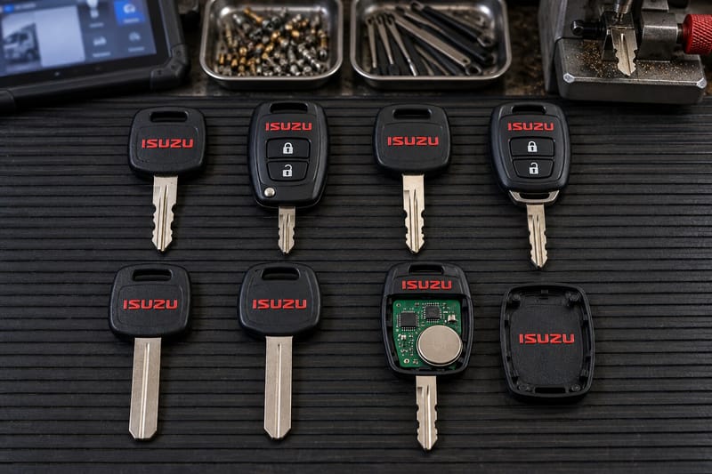 Isuzu truck transponder keys, remote head keys, and cut blades laid out on a Locksmith on Wheels workbench with key programming equipment
