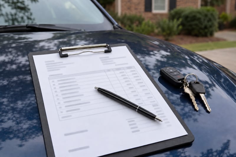 Itemized locksmith invoice on a clipboard resting on a car hood beside a set of car keys