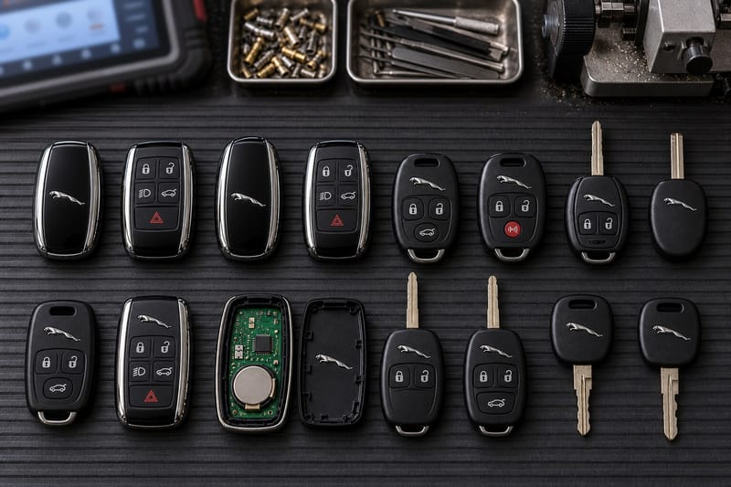 Jaguar proximity smart keys, remote head keys, and transponder keys laid out on a Locksmith on Wheels workbench with key programming equipment