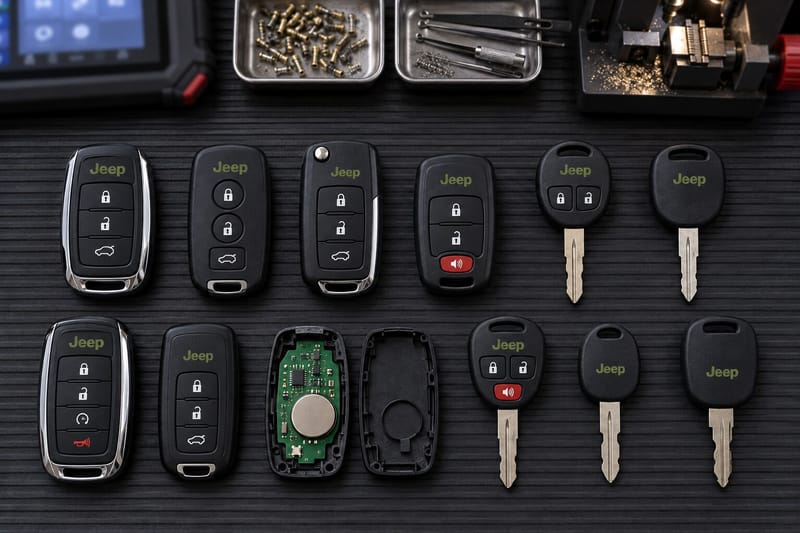 Jeep proximity fobs, FOBIK keys, and Sentry Key transponder keys laid out on a Locksmith on Wheels workbench with key programming equipment