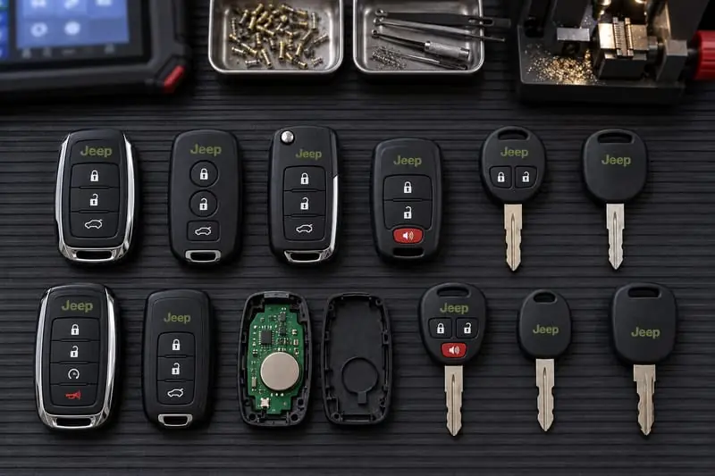 Jeep proximity fobs, FOBIK keys, and Sentry Key transponder keys laid out on a Locksmith on Wheels workbench with key programming equipment