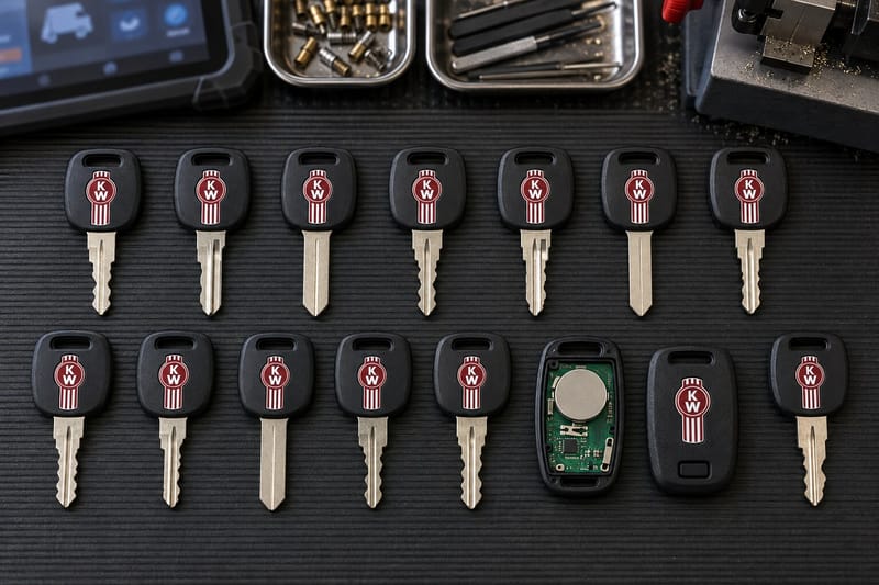 Kenworth truck ignition and door keys laid out on a Locksmith on Wheels workbench with key cutting equipment
