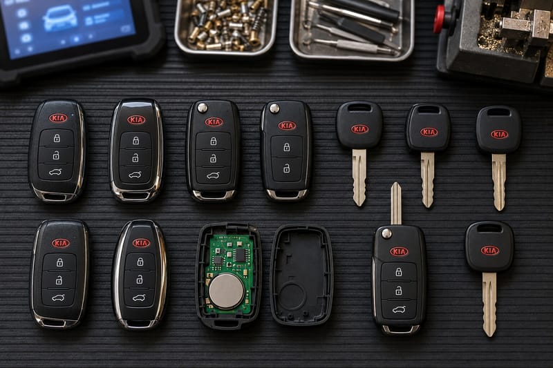 Kia smart keys, flip keys, and transponder keys laid out on a Locksmith on Wheels workbench with key programming equipment
