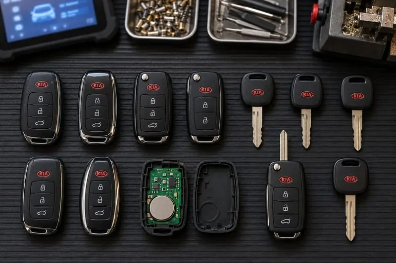 Kia smart keys, flip keys, and transponder keys laid out on a Locksmith on Wheels workbench with key programming equipment