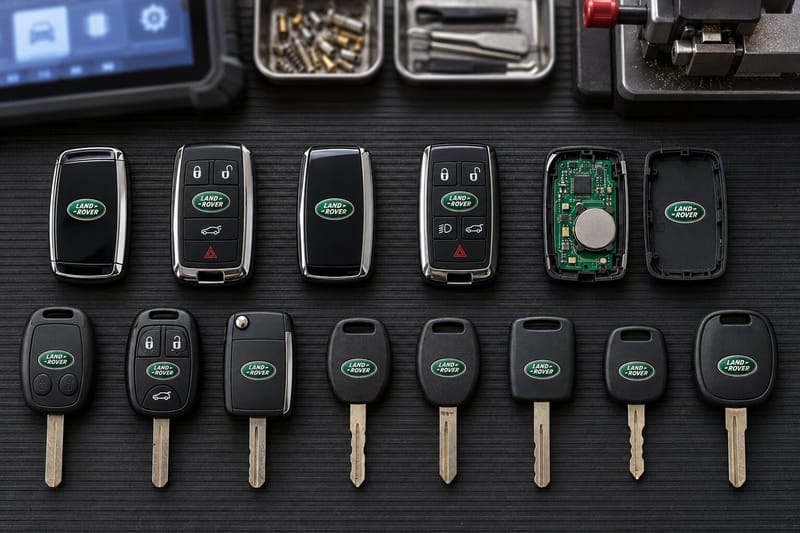Land Rover proximity smart keys, remote head keys, and transponder keys laid out on a Locksmith on Wheels workbench with key programming equipment