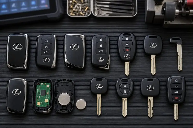 Lexus Smart Access fobs, remote head keys, and transponder keys laid out on a Locksmith on Wheels workbench with key programming equipment