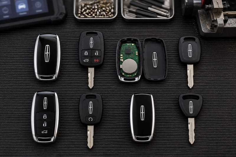Lincoln Intelligent Access fobs, remote head keys, and PATS transponder keys laid out on a Locksmith on Wheels workbench with key programming equipment