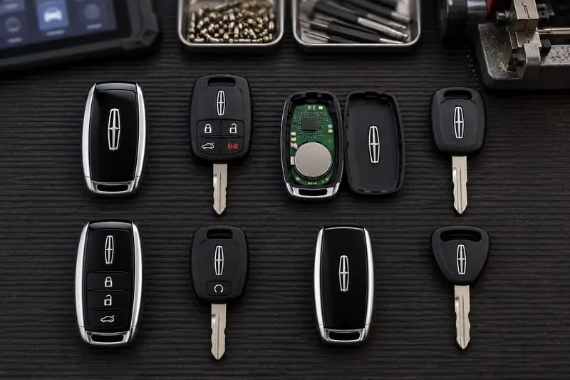 Lincoln Intelligent Access fobs, remote head keys, and PATS transponder keys laid out on a Locksmith on Wheels workbench with key programming equipment