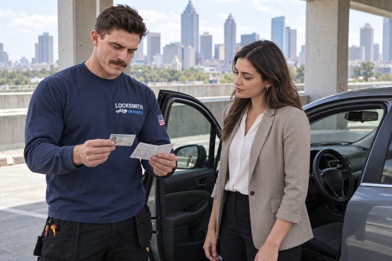 Locksmith on Wheels technician checking a driver's photo ID and vehicle registration before starting a car key job