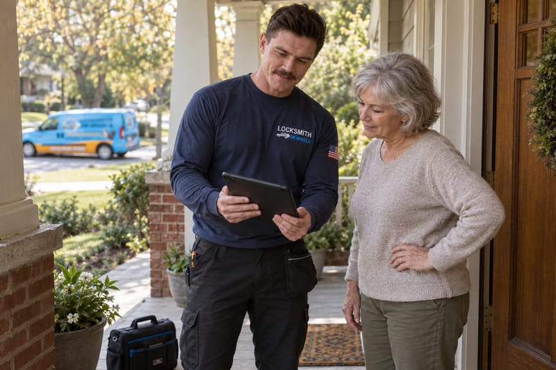 Technician showing a homeowner the price on a tablet at the front door before starting a lock job