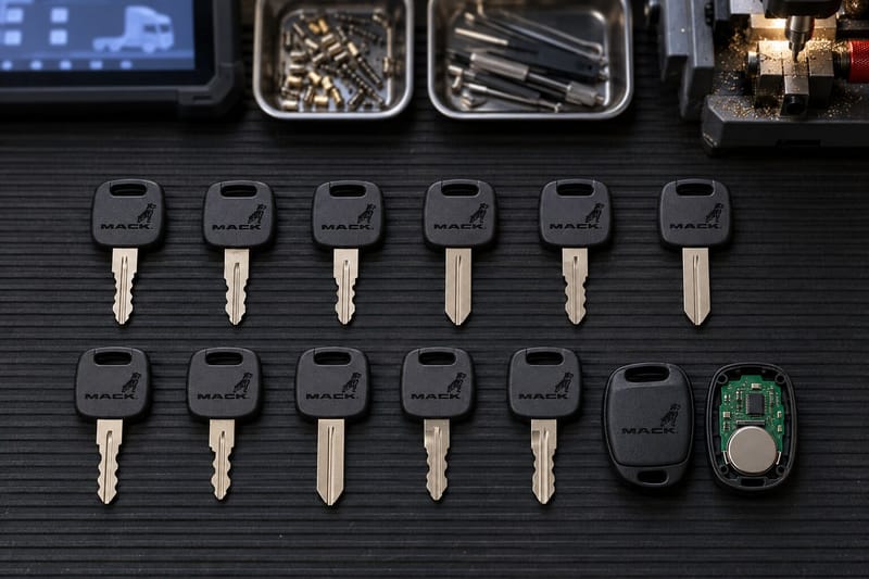 Mack truck ignition and door keys laid out on a Locksmith on Wheels workbench with key cutting equipment