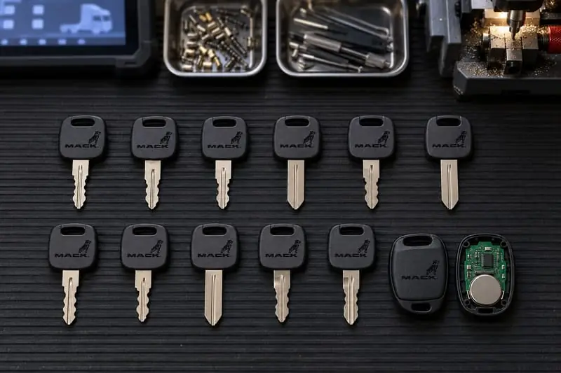 Mack truck ignition and door keys laid out on a Locksmith on Wheels workbench with key cutting equipment
