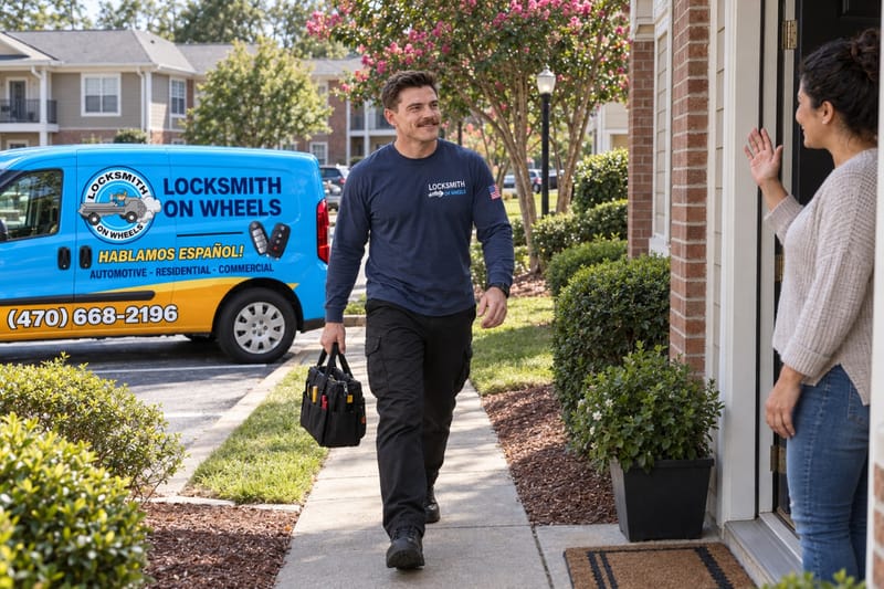 Uniformed Locksmith on Wheels technician walking from a marked company van to a customer's door at an Atlanta apartment complex
