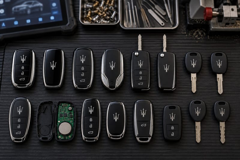 Maserati proximity smart keys, flip keys, and transponder keys laid out on a Locksmith on Wheels workbench with key programming equipment